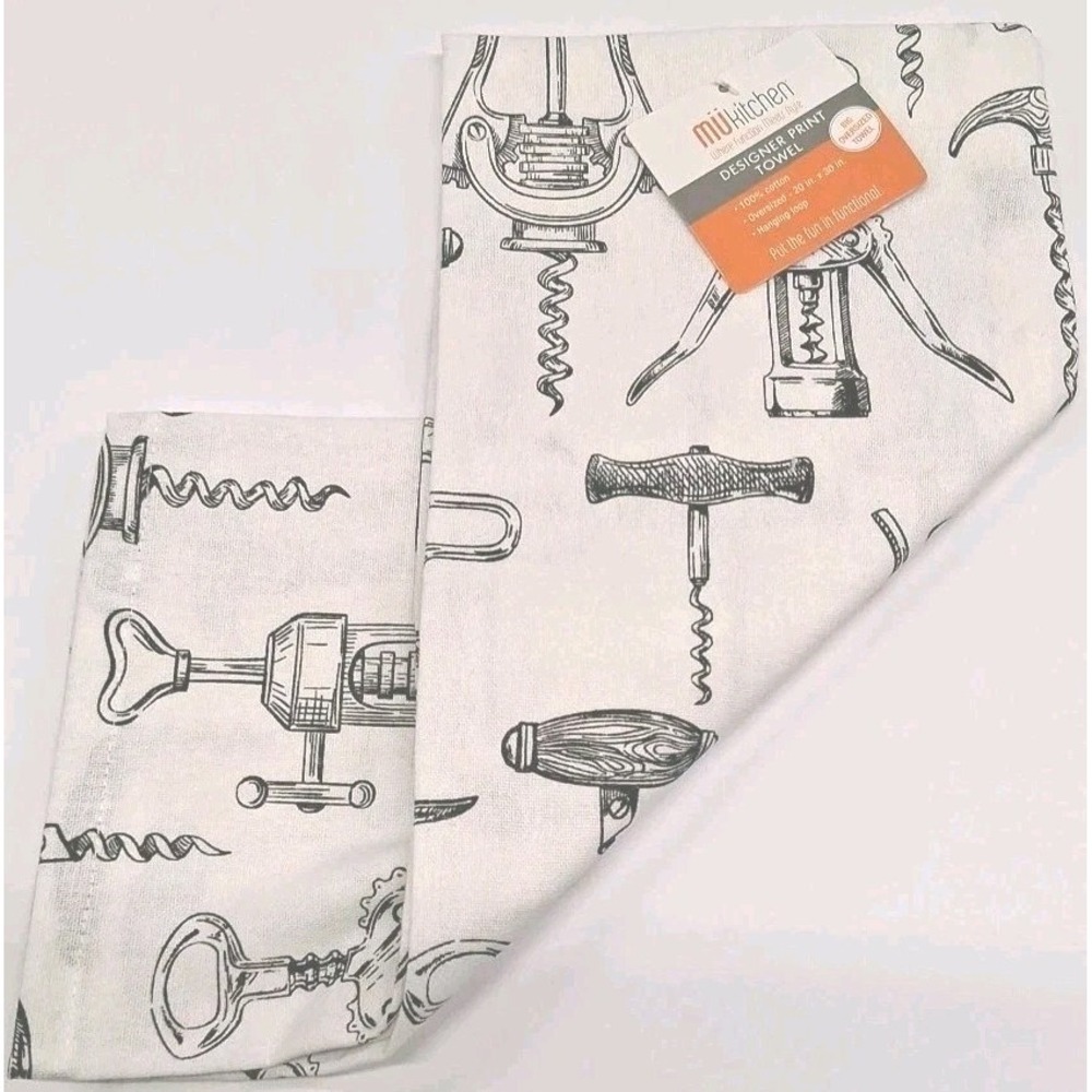 (1) MüKitchen Designer Corkscrews Print OVERSIZED Kitchen Towel w/Hanging Loop
